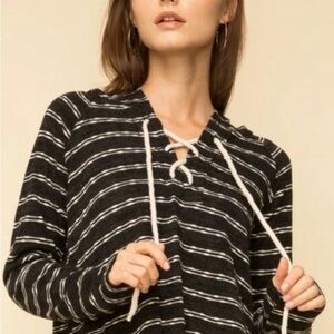 Hem & Thread Black and White Striped Hoodie Medium